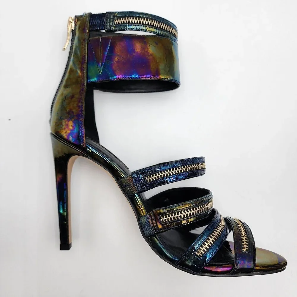 BCBGeneration Casey Strappy Ankle Sandals Open Toe Black Hologram Patent 7.5‎ M